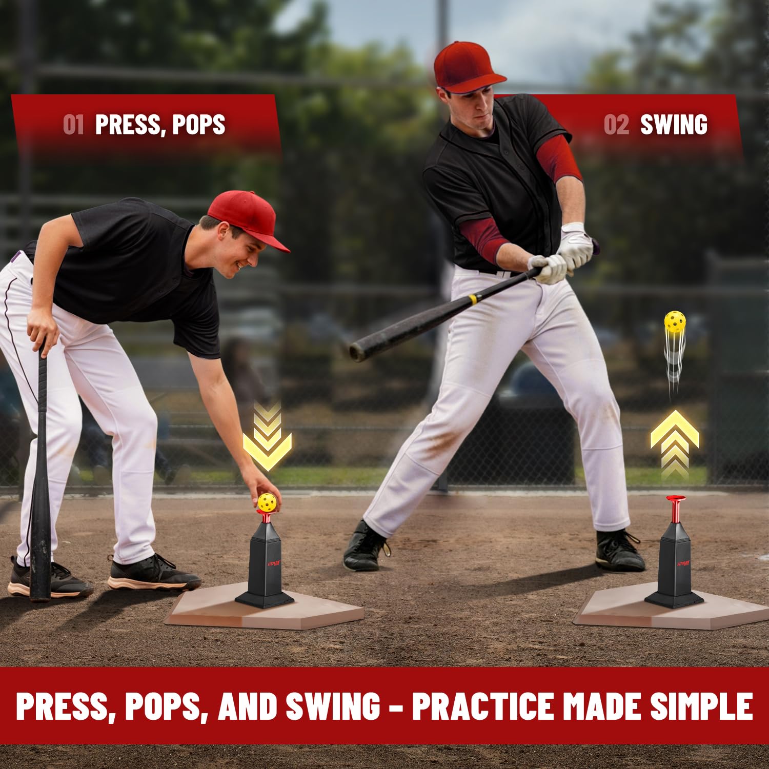 Fitplay Sports in use in a backyard showing solo batting practice and timing drills