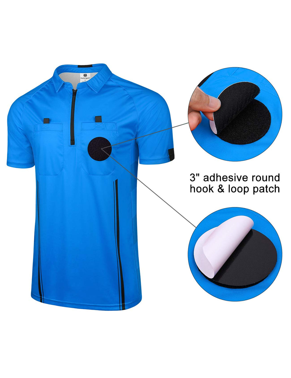 FitsT4 Sports referee wearing blue jersey on field demonstrating comfortable fit and mobility