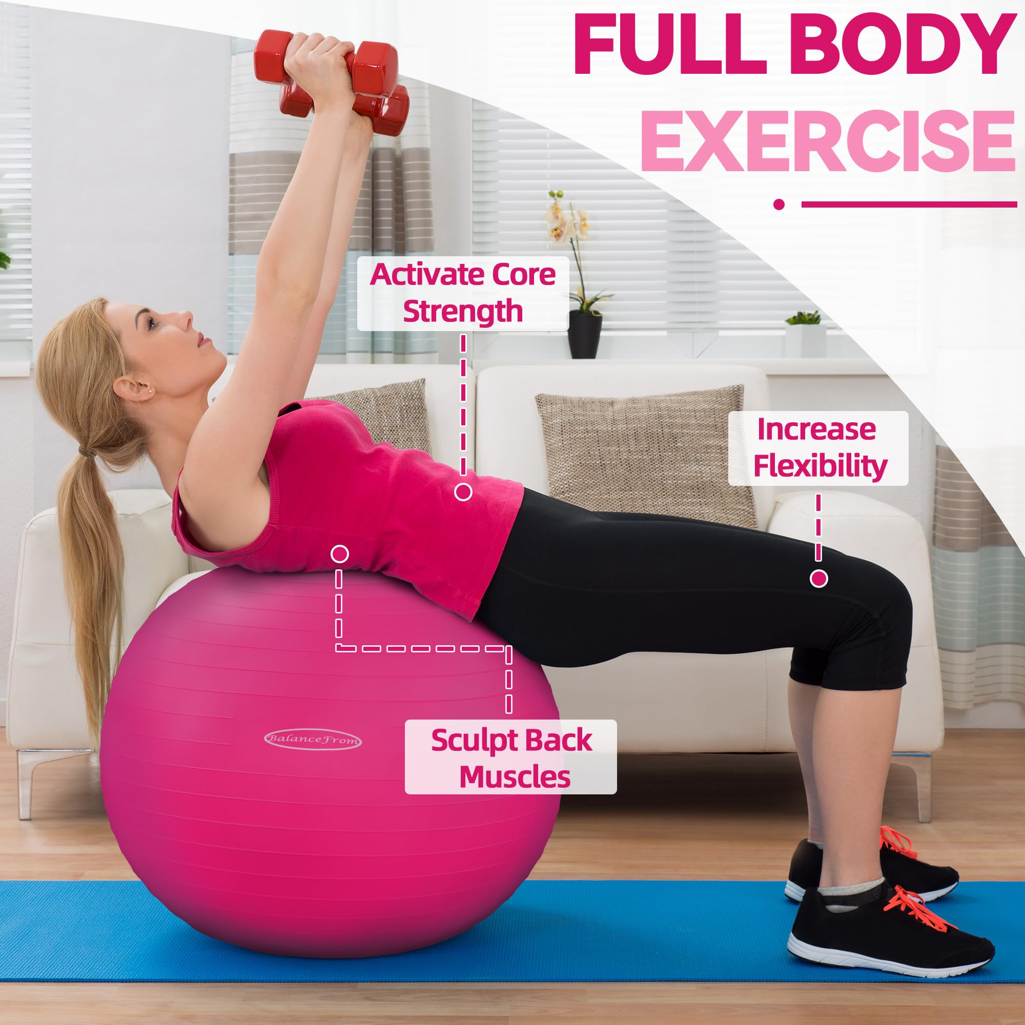 Fitvids ball with included quick foot pump for fast inflation and convenience
