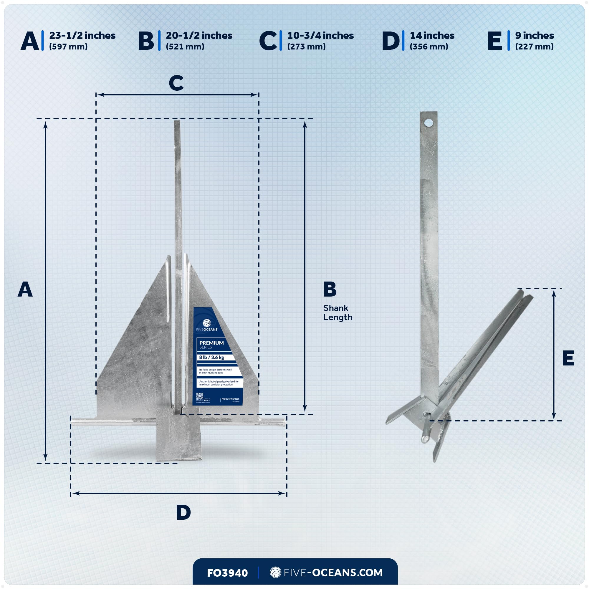 Five Oceans anchor next to hand for size comparison and portability