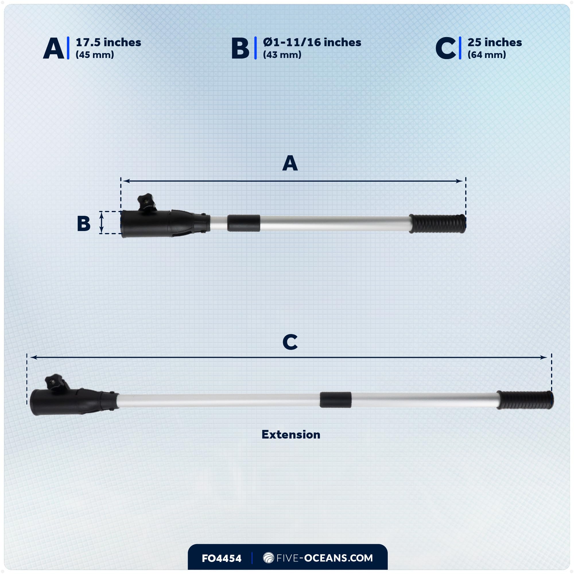 Five Oceans tiller extension mounted on a trolling motor demonstrating in‑use maneuverability