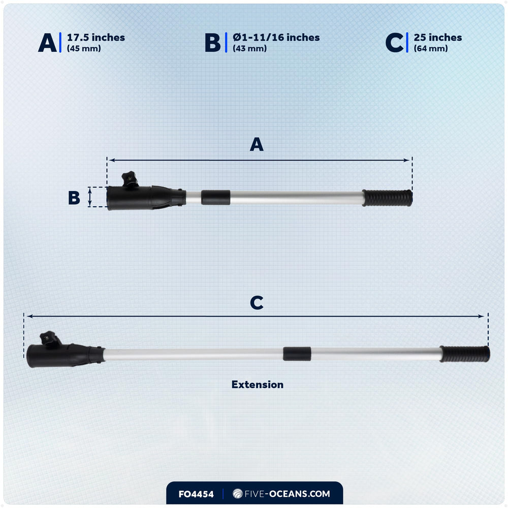 Five Oceans tiller extension mounted on a trolling motor demonstrating in‑use maneuverability