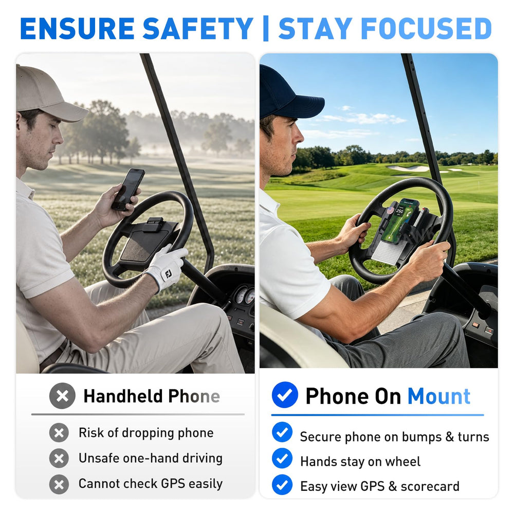 FIXHAWK attached to EZGO steering wheel showing universal fit and convenient reach