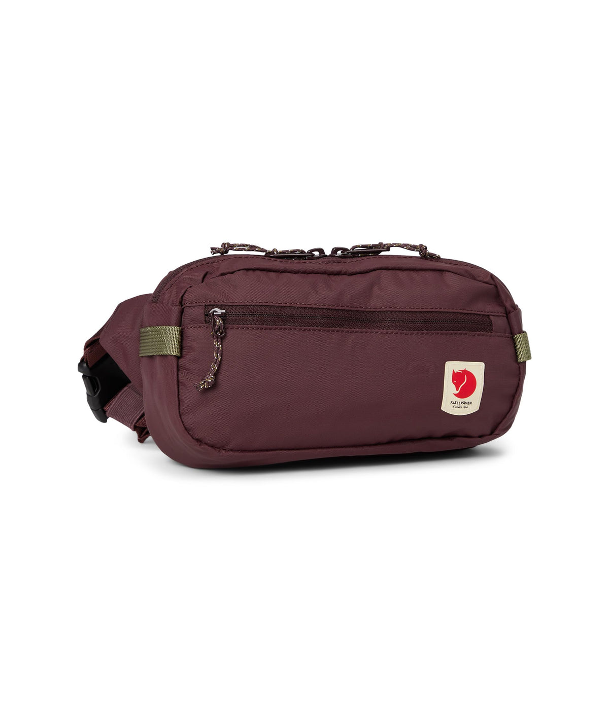 Fjällräven High Coast hip pack front view in blackberry showing compact profile and zippered pockets for secure storage
