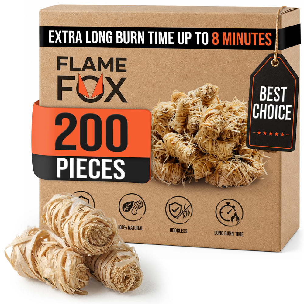 FlameFox front packaging showing 200-piece eco fire starters and benefits