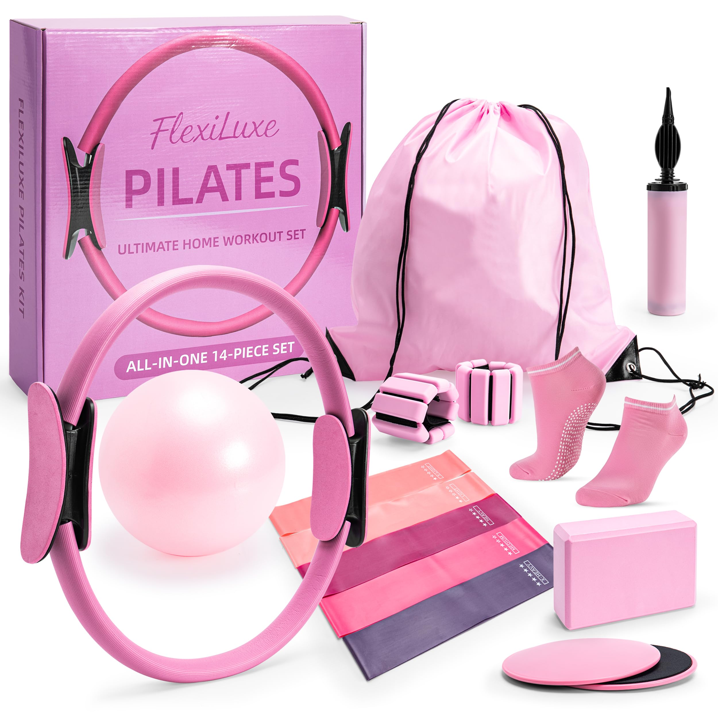 FlexiLuxe front view of pink Pilates kit showing full contents and compact storage benefit