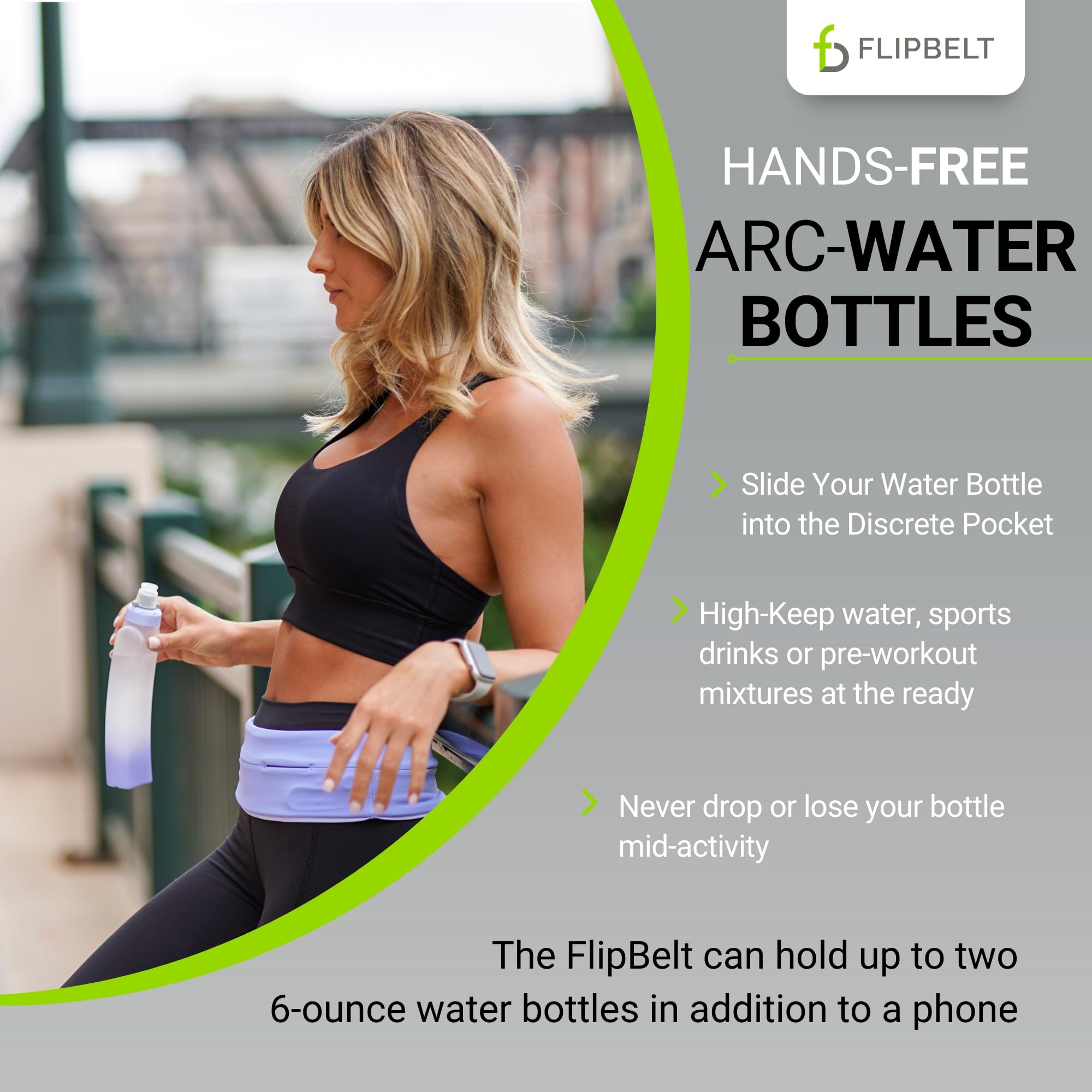 FlipBelt Arc Periwinkle used by runner demonstrating hands-free hydration