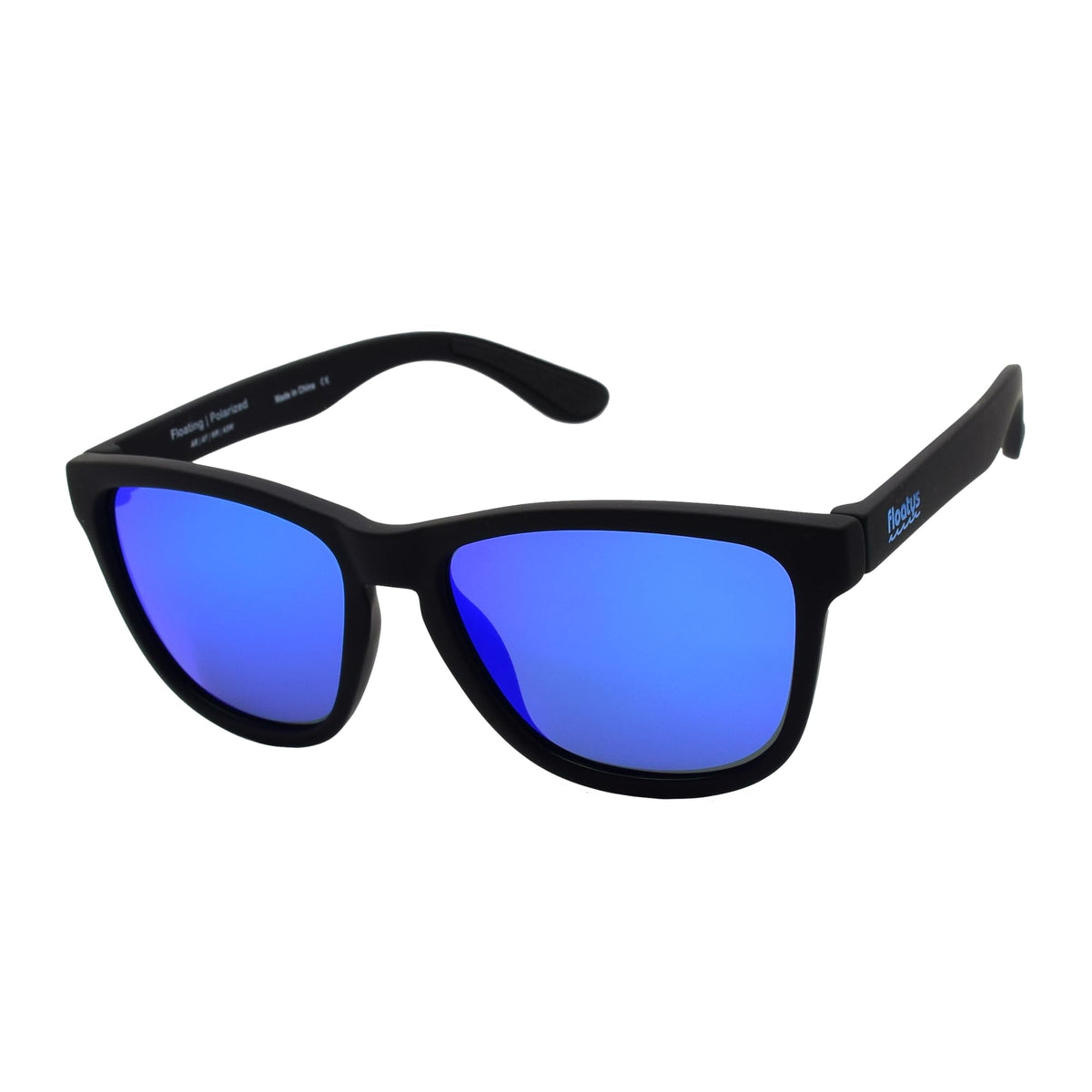 Floatys front view showing black frame and blue mirror lenses for clear, reduced glare