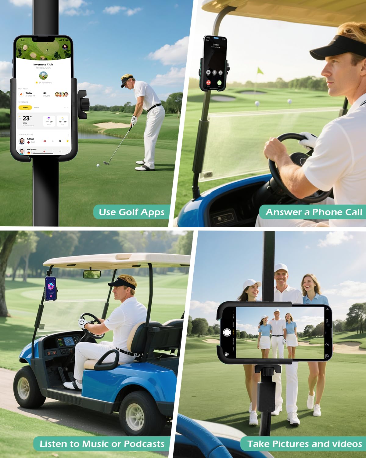FLORICH lifestyle shot on golf course showing hands-free phone access benefit