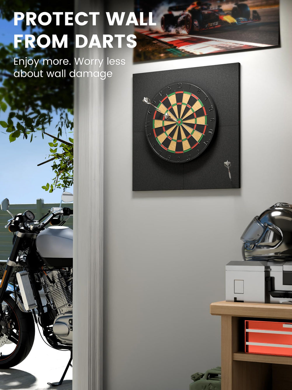 Fluxynara mounted with dartboard in use demonstrating wall protection