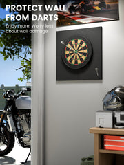 Fluxynara mounted with dartboard in use demonstrating wall protection