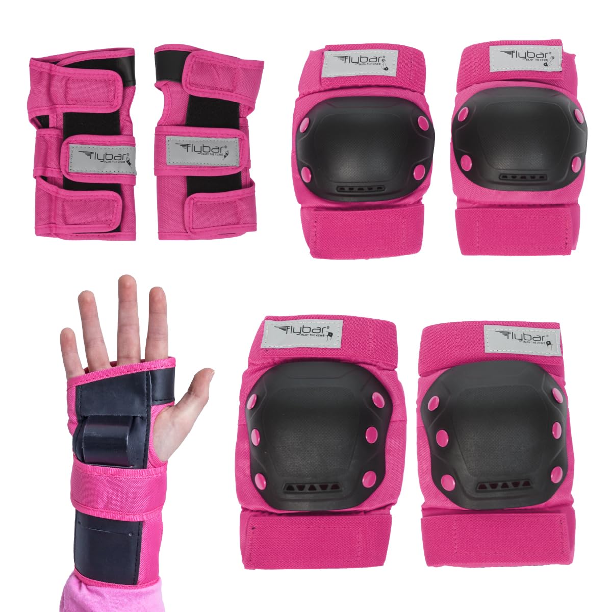 Flybar front packaging in pink showing full safety set and sizing — clear kit view and appeal