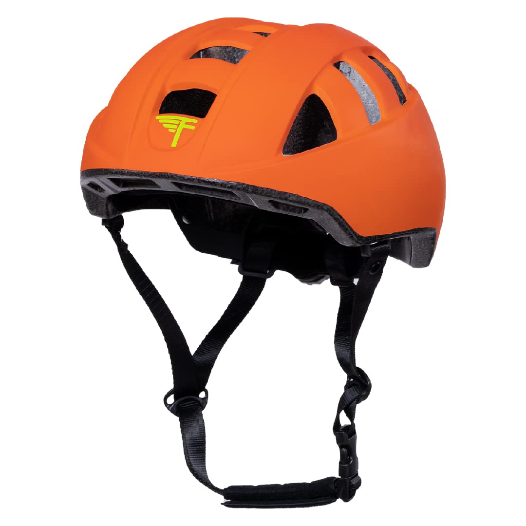 Flybar helmet front view in orange showing durable shell and visor, protective coverage