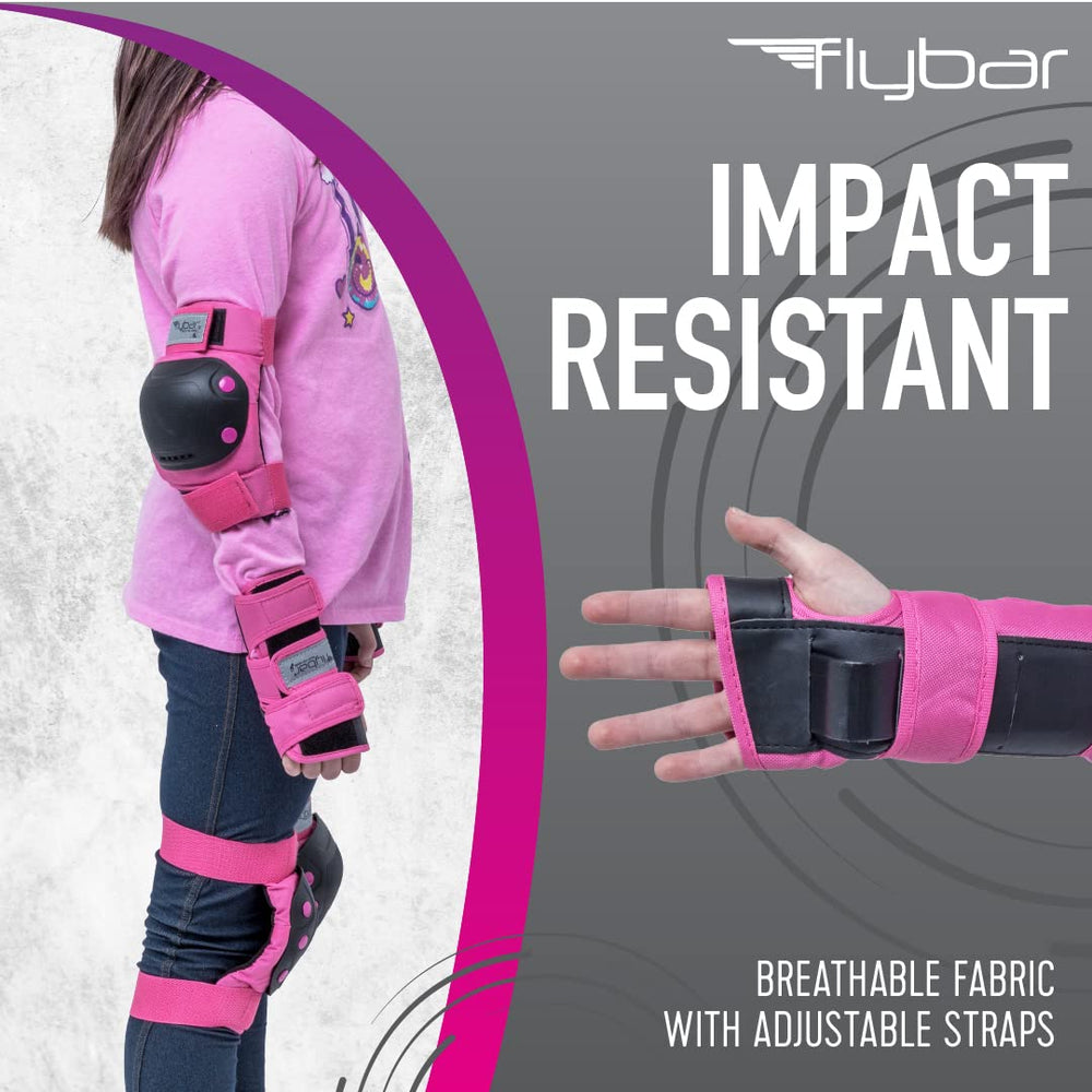 Flybar knee pad closeup of ABS hard cap and stitching — durable impact protection visible