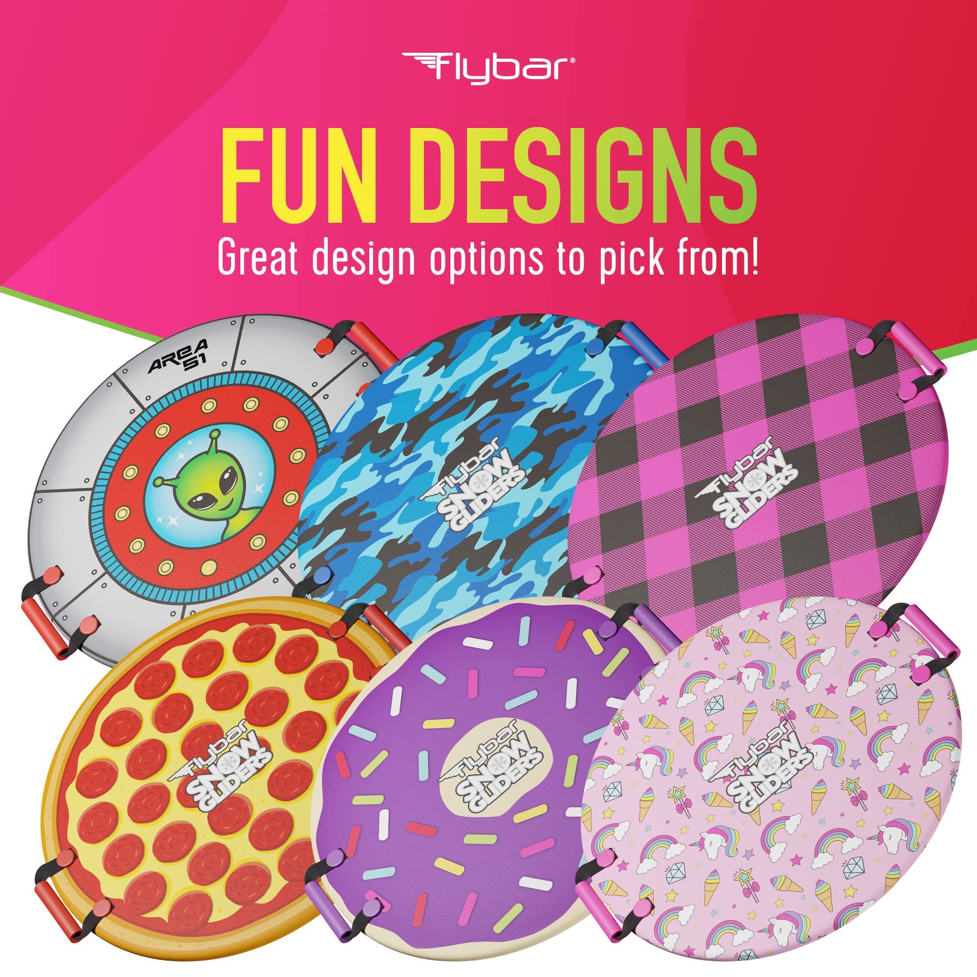 Assortment of Flybar saucer designs displayed to choose vibrant styles for kids