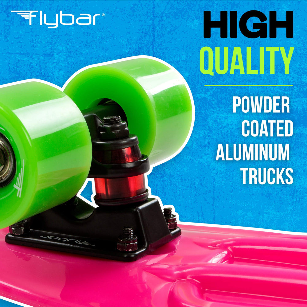 Flybar skateboard next to backpack demonstrating compact travelability