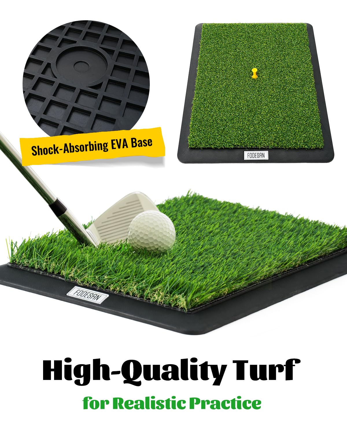 FODESAN three tee sizes and replaceable turf pads for versatile practice