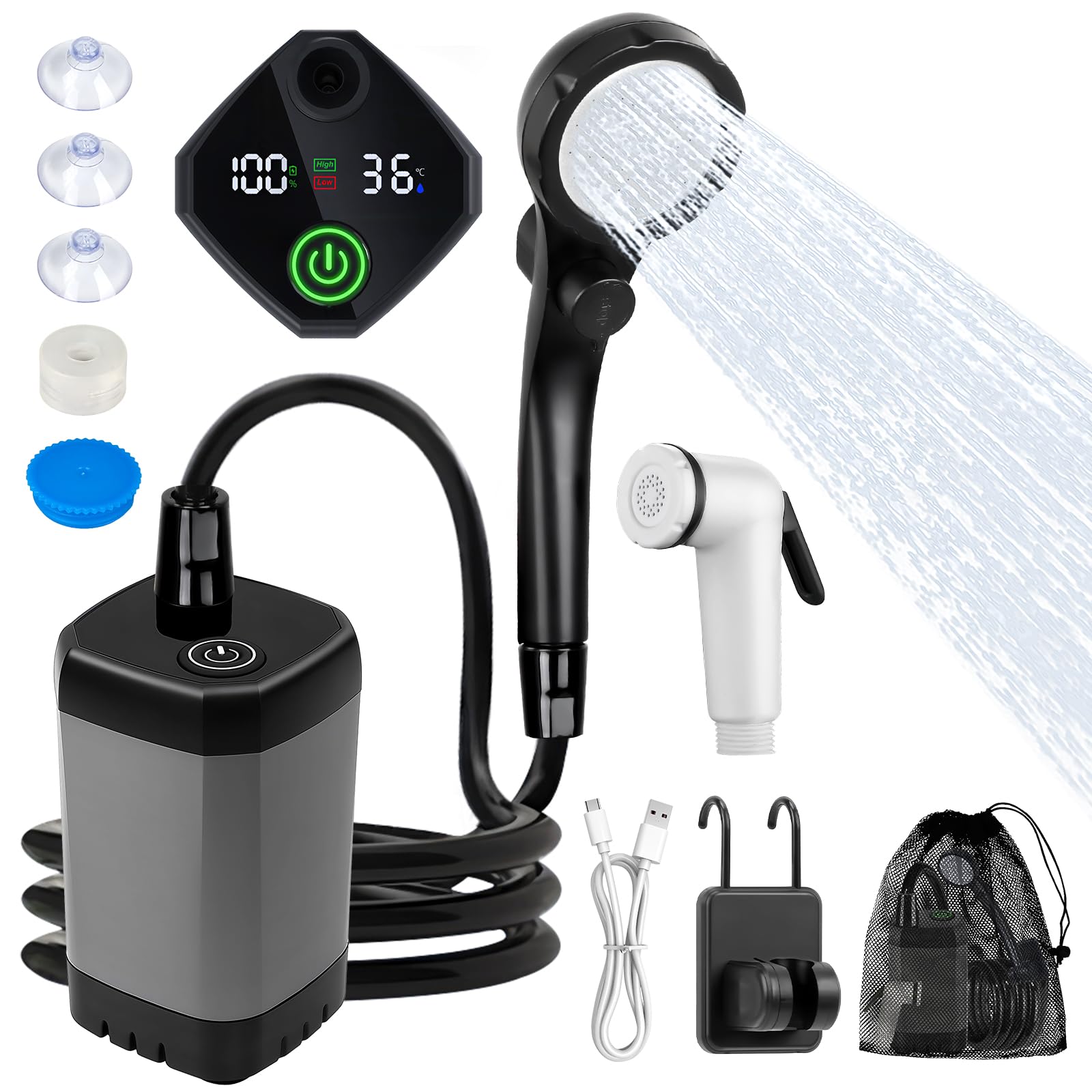 Fohil portable shower front view showing controls and compact design for travel convenience