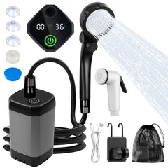 Fohil portable shower front view showing controls and compact design for travel convenience