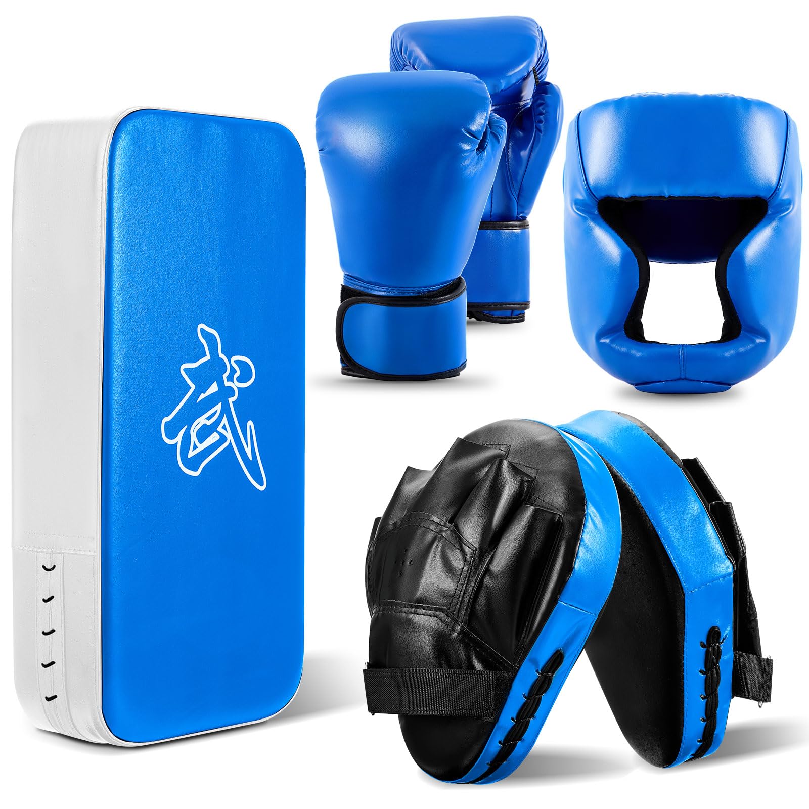 Foilswirl front view of complete blue 5-in-1 kids boxing set, ready to train