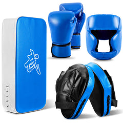 Foilswirl front view of complete blue 5-in-1 kids boxing set, ready to train