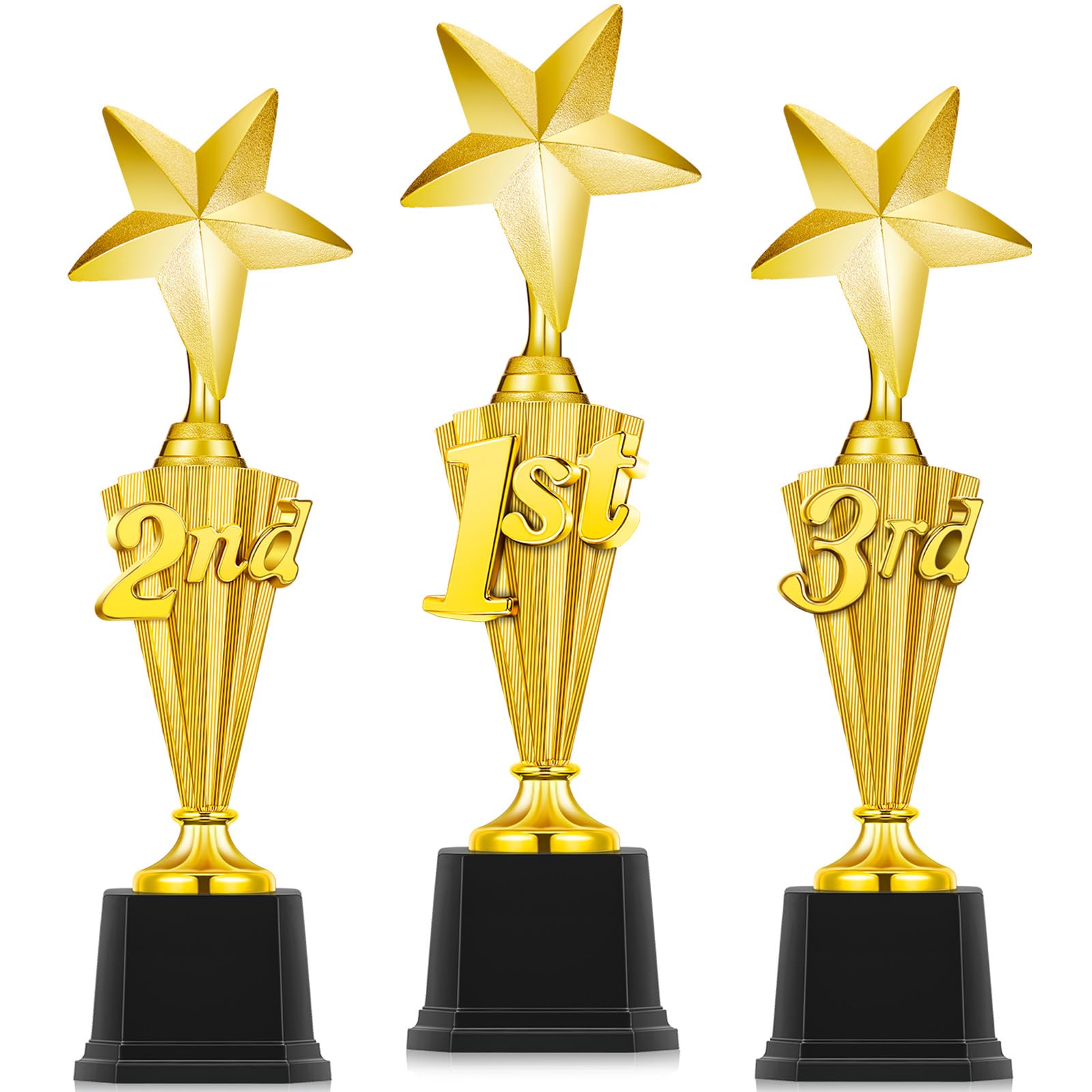 Foilswirl front view of three trophies showing clear numbered reliefs and proud presentation