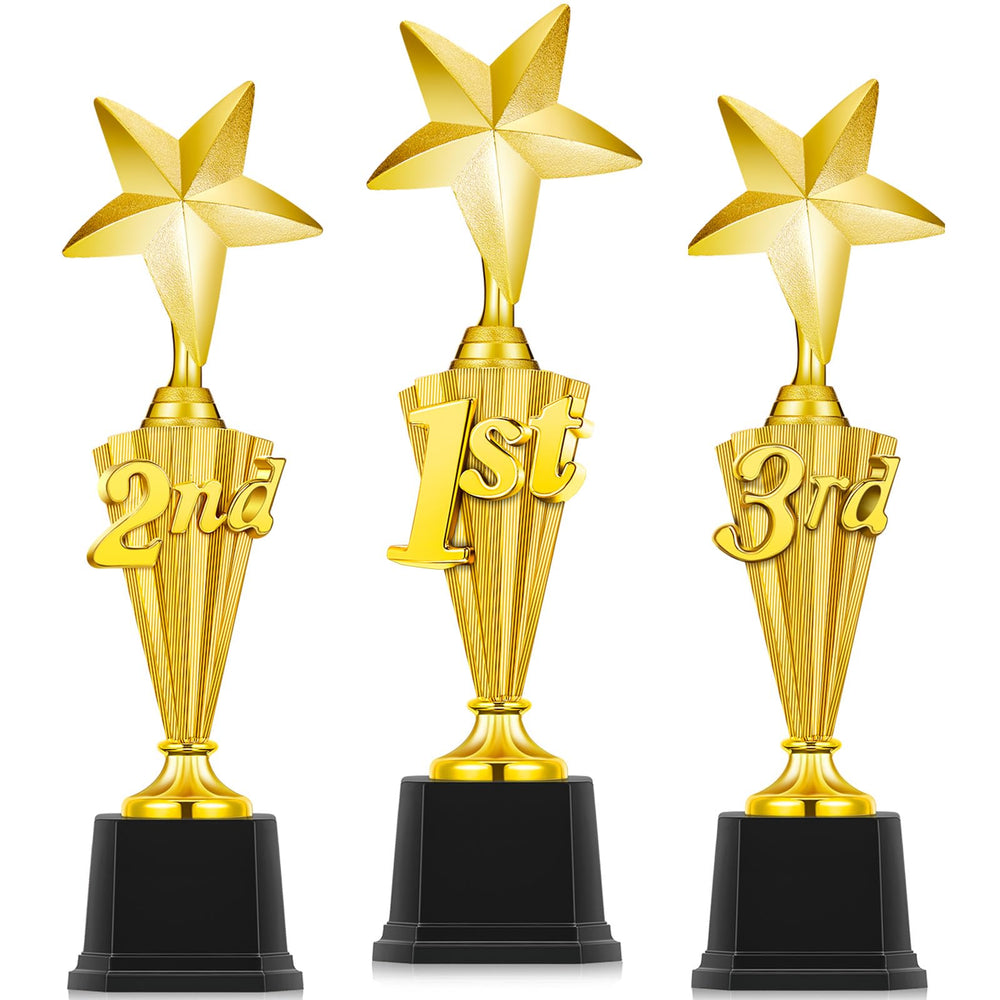 Foilswirl front view of three trophies showing clear numbered reliefs and proud presentation
