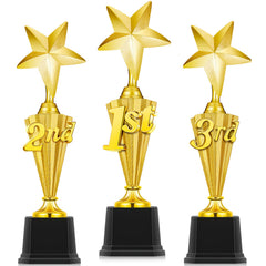 Foilswirl front view of three trophies showing clear numbered reliefs and proud presentation