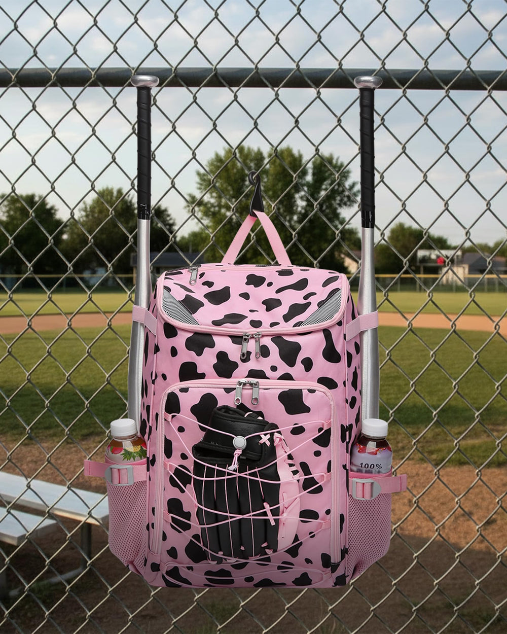 FOKDUVB bag hanging on dugout fence for quick access at games