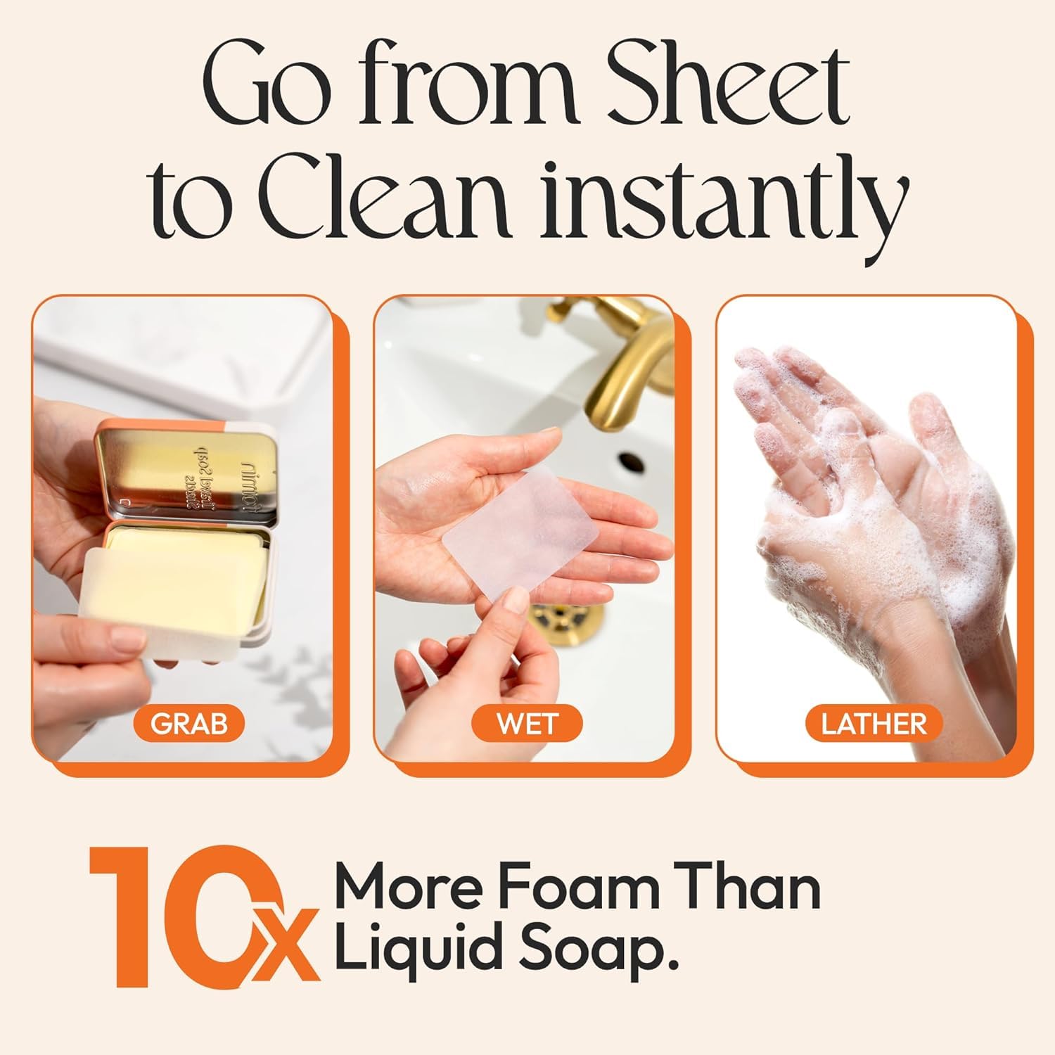 FOMIN open tin revealing stacked orange soap sheets for quick access