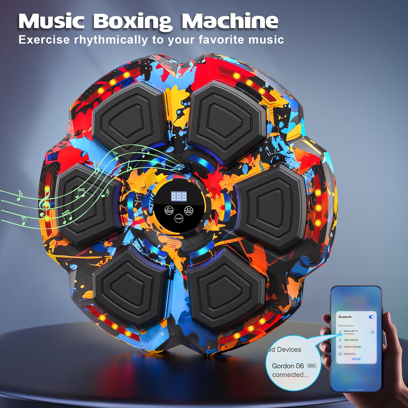 FOOING speaker and controls detail highlighting Bluetooth connectivity and easy adjustments