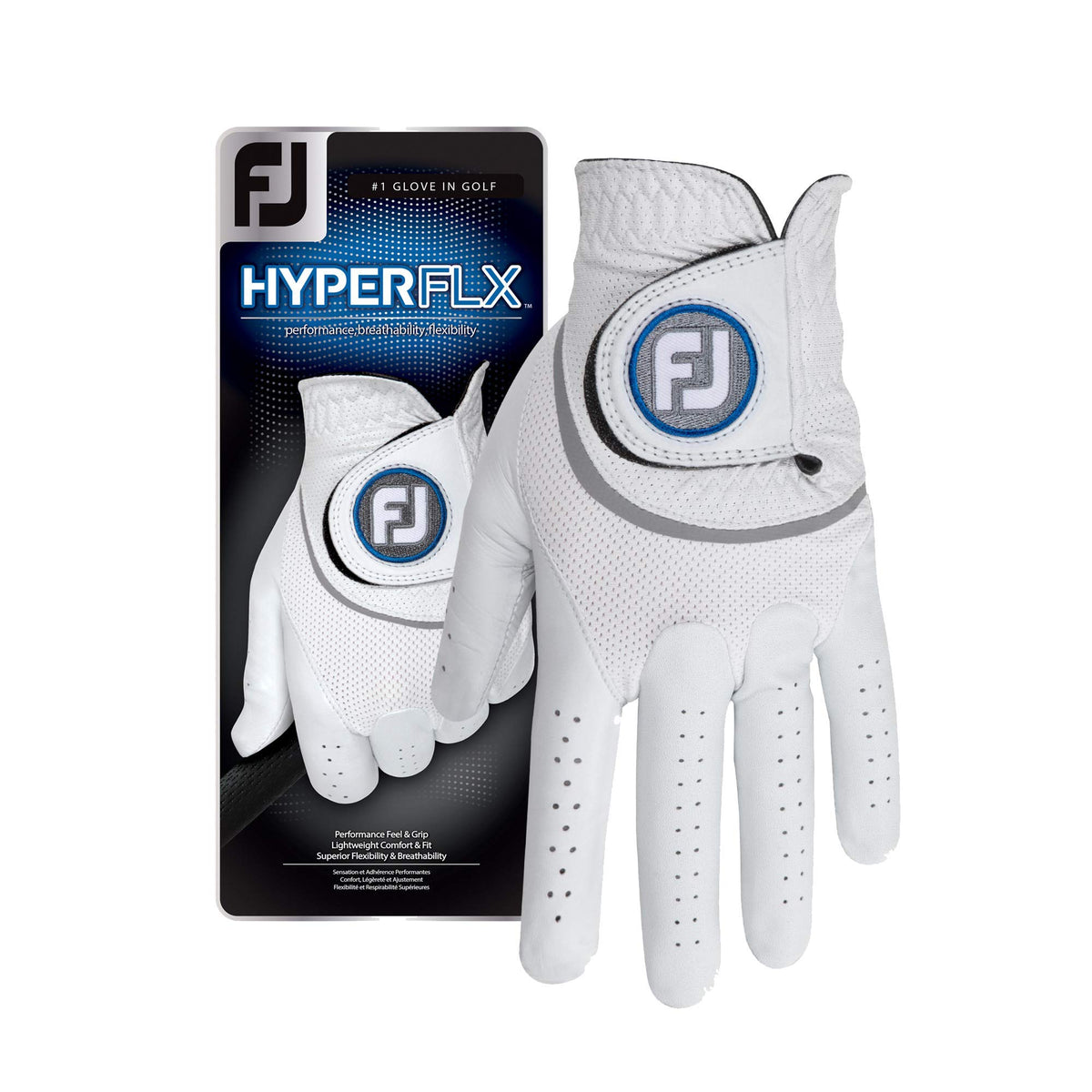 FootJoy HyperFLX white glove front view showing leather palm and closure for secure grip