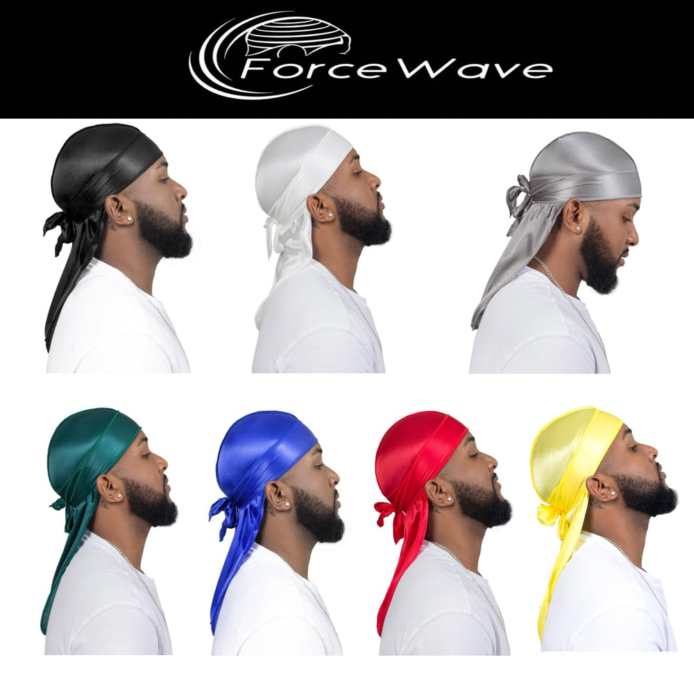 Rear view showing ForceWave durag long 43-inch tail for adjustable tying