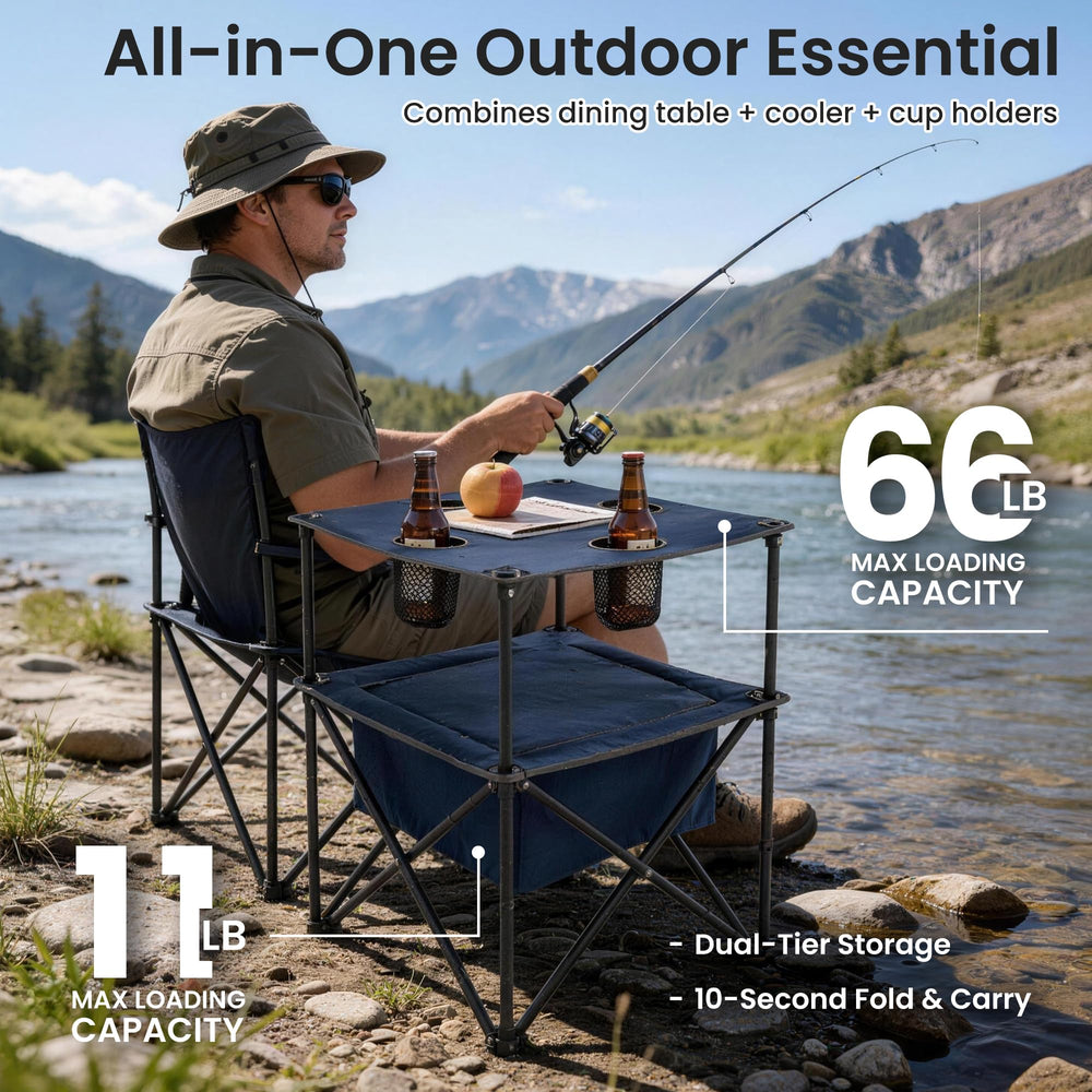 Foristrail folded table inside navy carry bag for easy transport and compact storage benefit