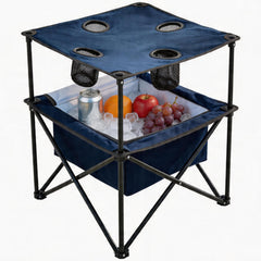 Foristrail front view of navy folding table showing stable surface and cup holders for organized outdoor dining