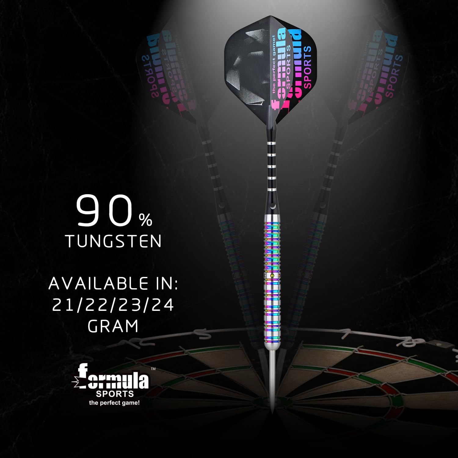 Formula Sports darts in use on a bristle dartboard demonstrating tight grouping benefit