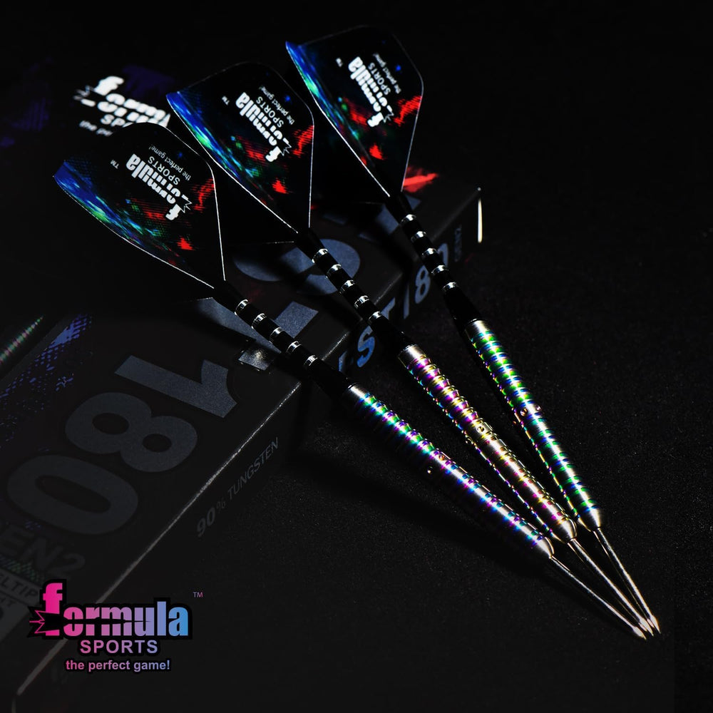 Formula Sports darts next to scale showing selectable 21g–24g weights for personal preference