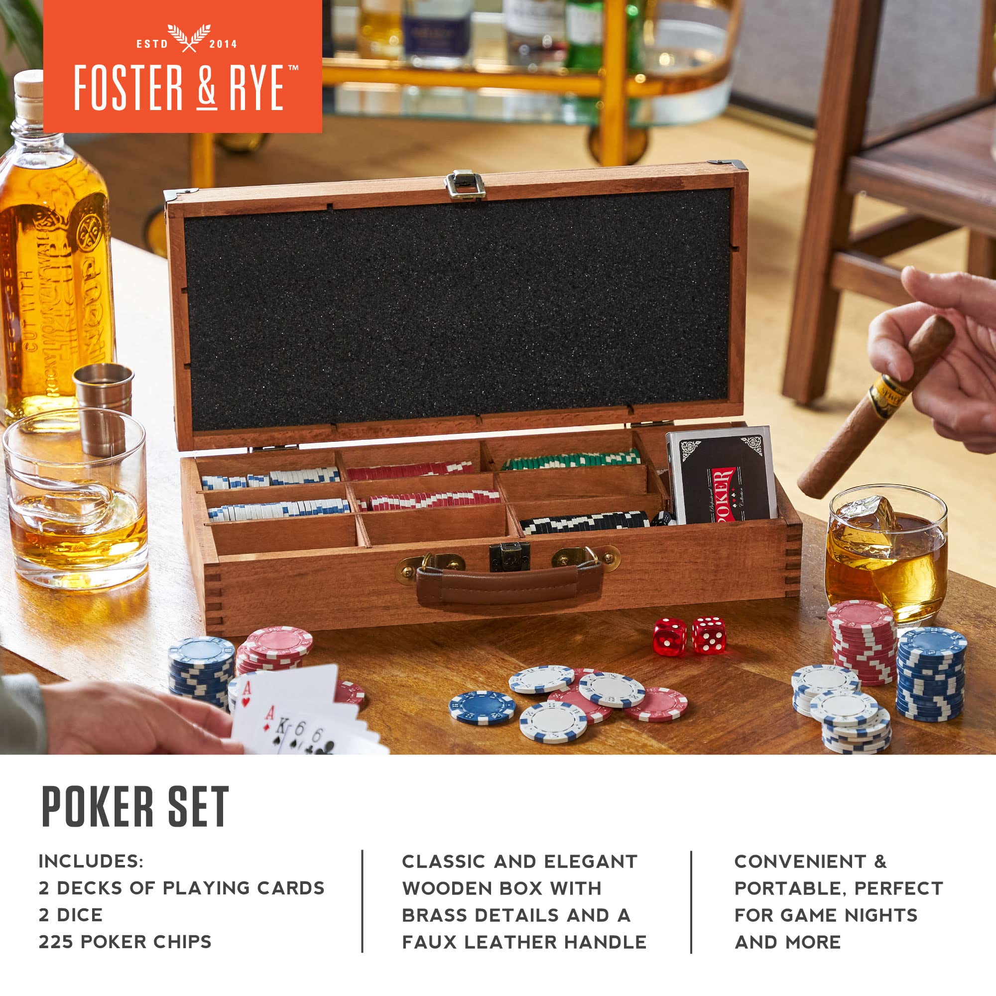 Foster & Rye stacked poker chips close-up highlighting tactile texture and clear colors