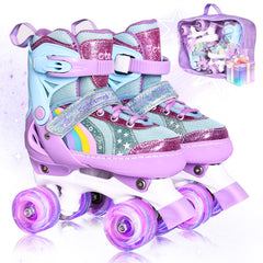 Fotoumgl front view of skates showing stable stance and colorful wheels
