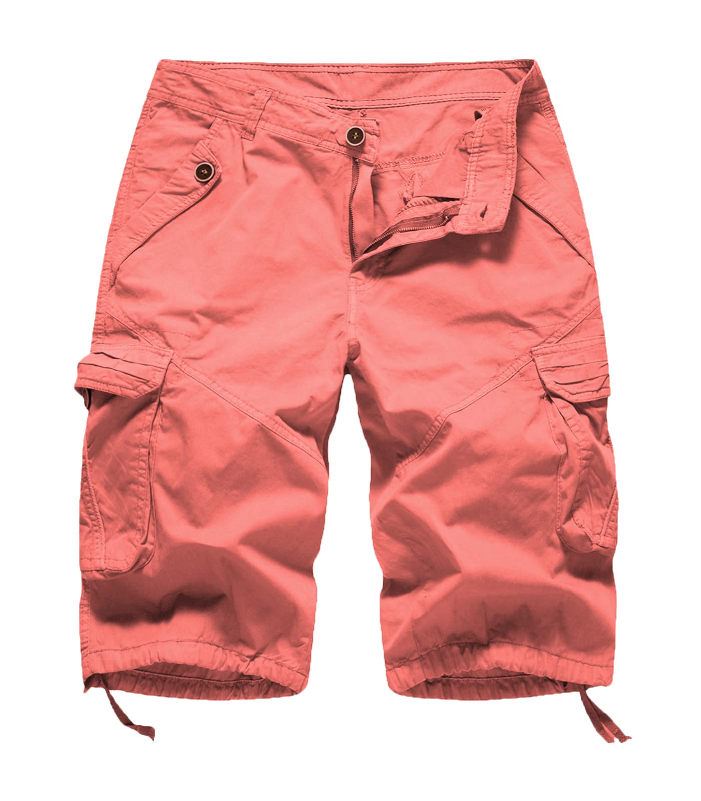 FOURSTEEDS women's cargo shorts front view showing coral color and multiple pockets for convenience