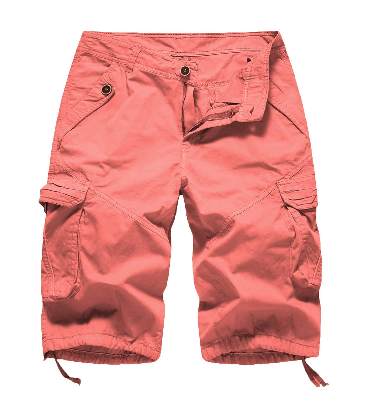 FOURSTEEDS women's cargo shorts front view showing coral color and multiple pockets for convenience