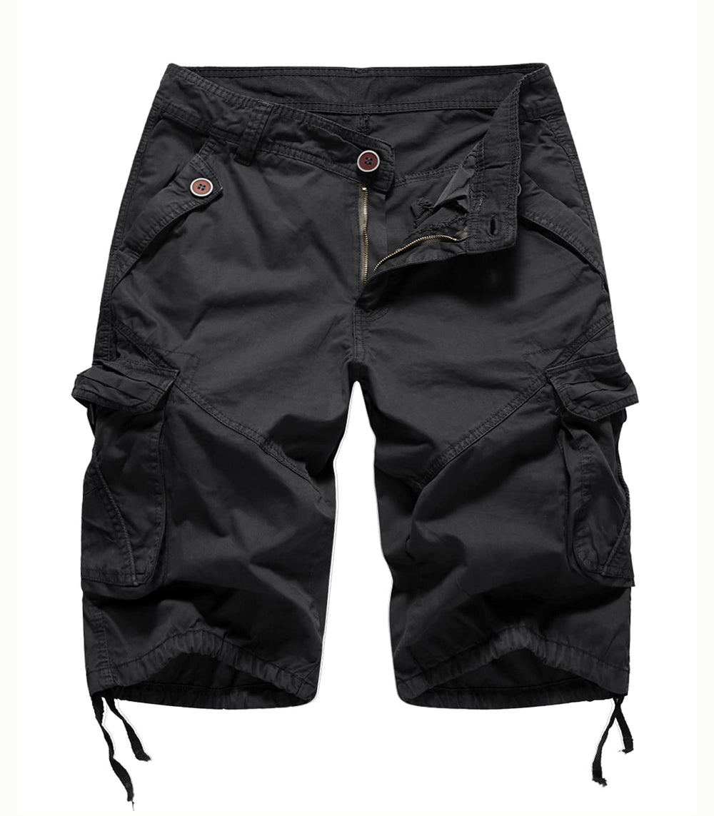 FOURSTEEDS front view of black cargo Bermuda shorts showing pocket layout and fit benefit storage