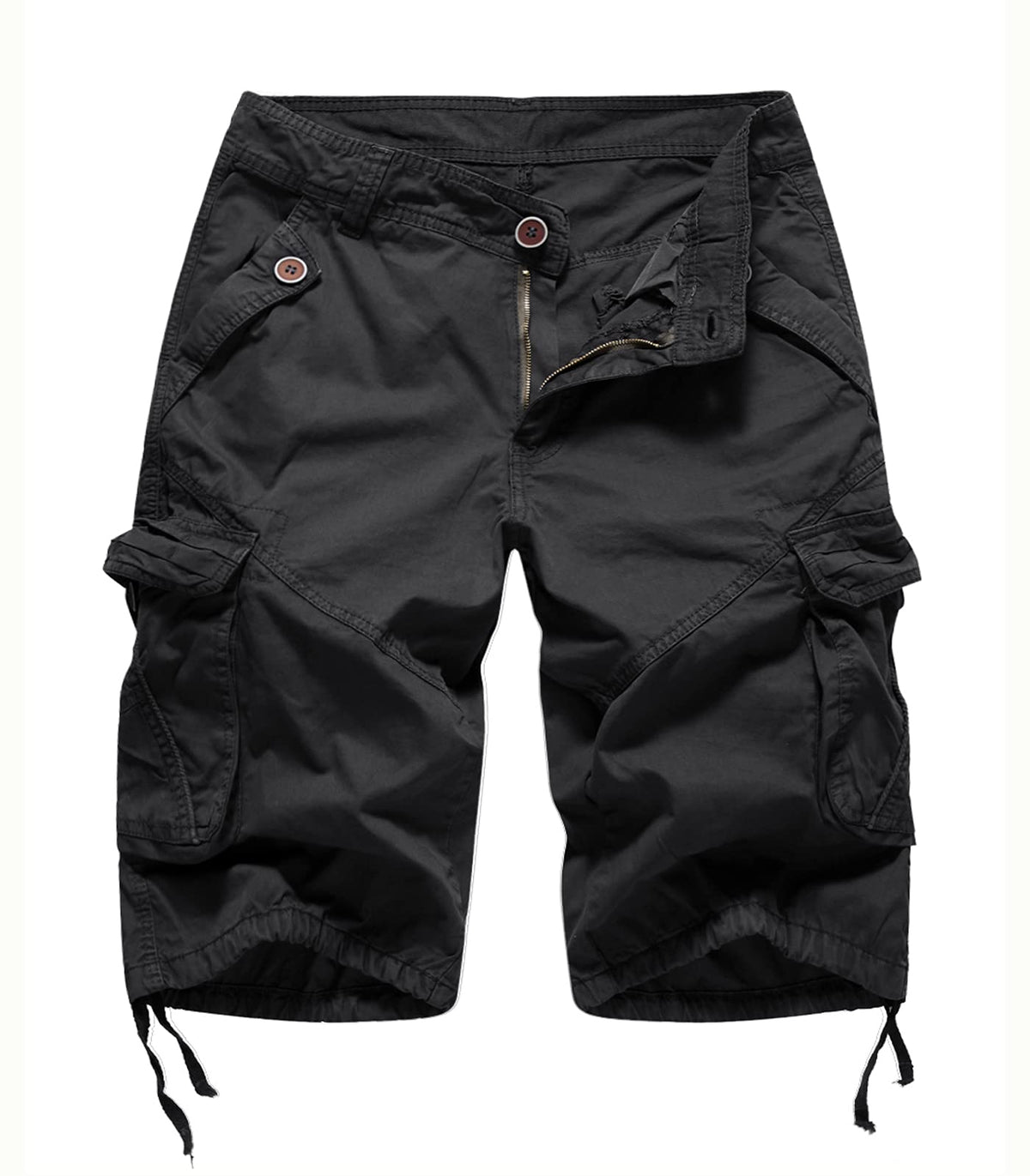 FOURSTEEDS front view of black camo Bermuda cargo shorts showing pockets and fit benefits