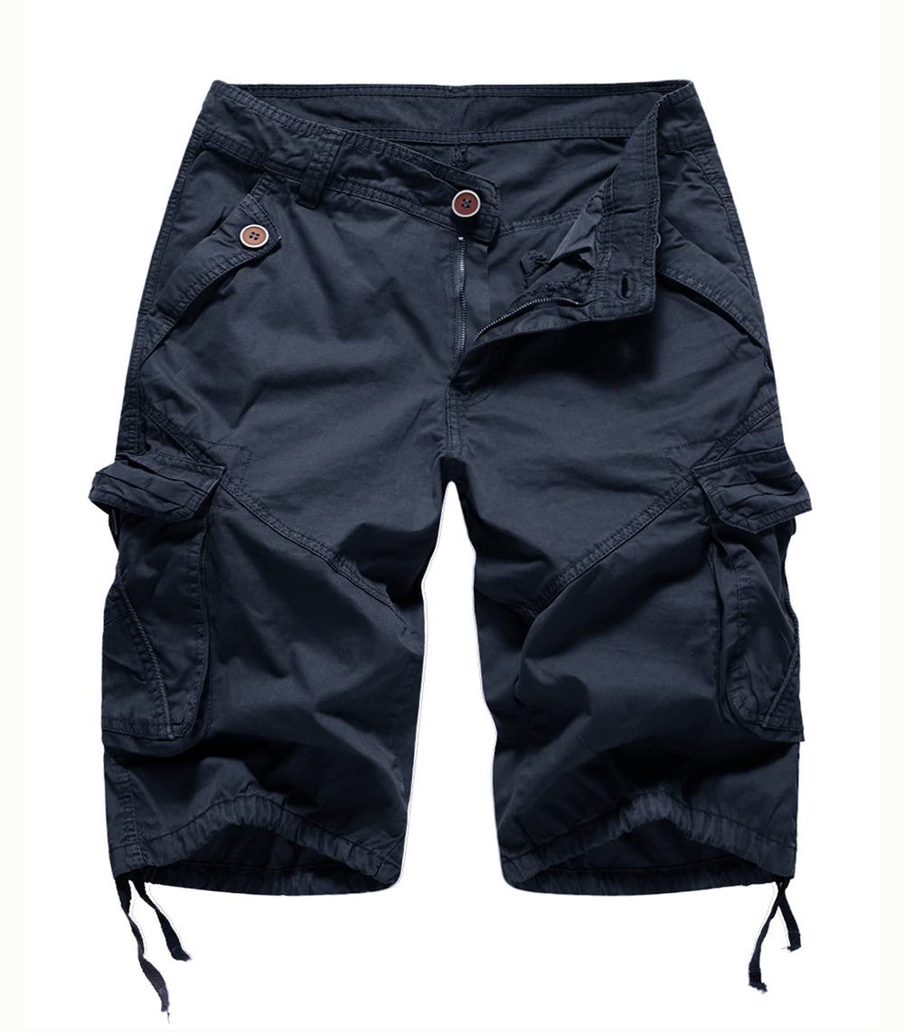 FOURSTEEDS front view navy cargo Bermuda shorts showing fit and pockets for versatile wear