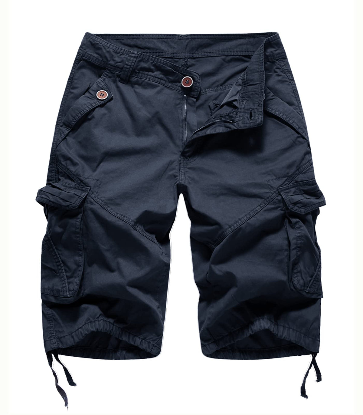 FOURSTEEDS navy blue cargo Bermuda shorts front view showing zipper and drawstring leg for versatile wear