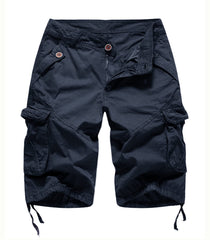 FOURSTEEDS navy blue cargo Bermuda shorts front view showing zipper and drawstring leg for versatile wear