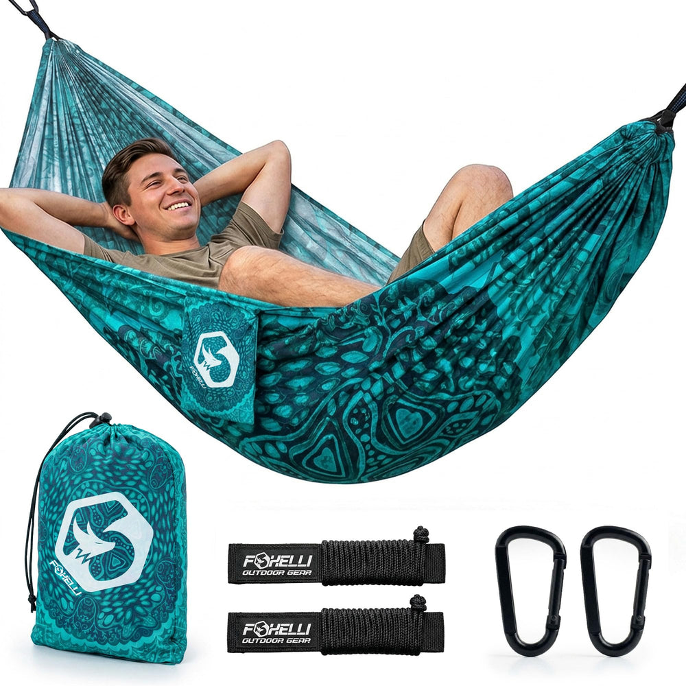 Foxelli front view showing hammock shape and color, highlights portability