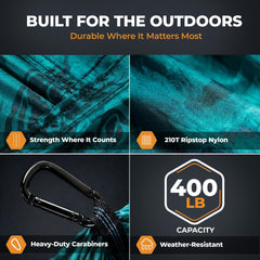 Foxelli hammock hung between trees showing easy setup and comfort