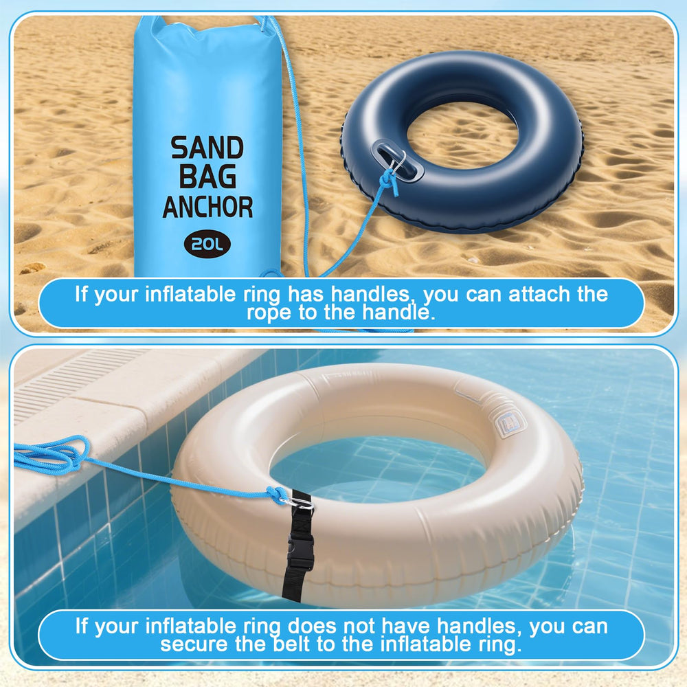 Foxtell sand bag filled on beach providing stable anchor for float