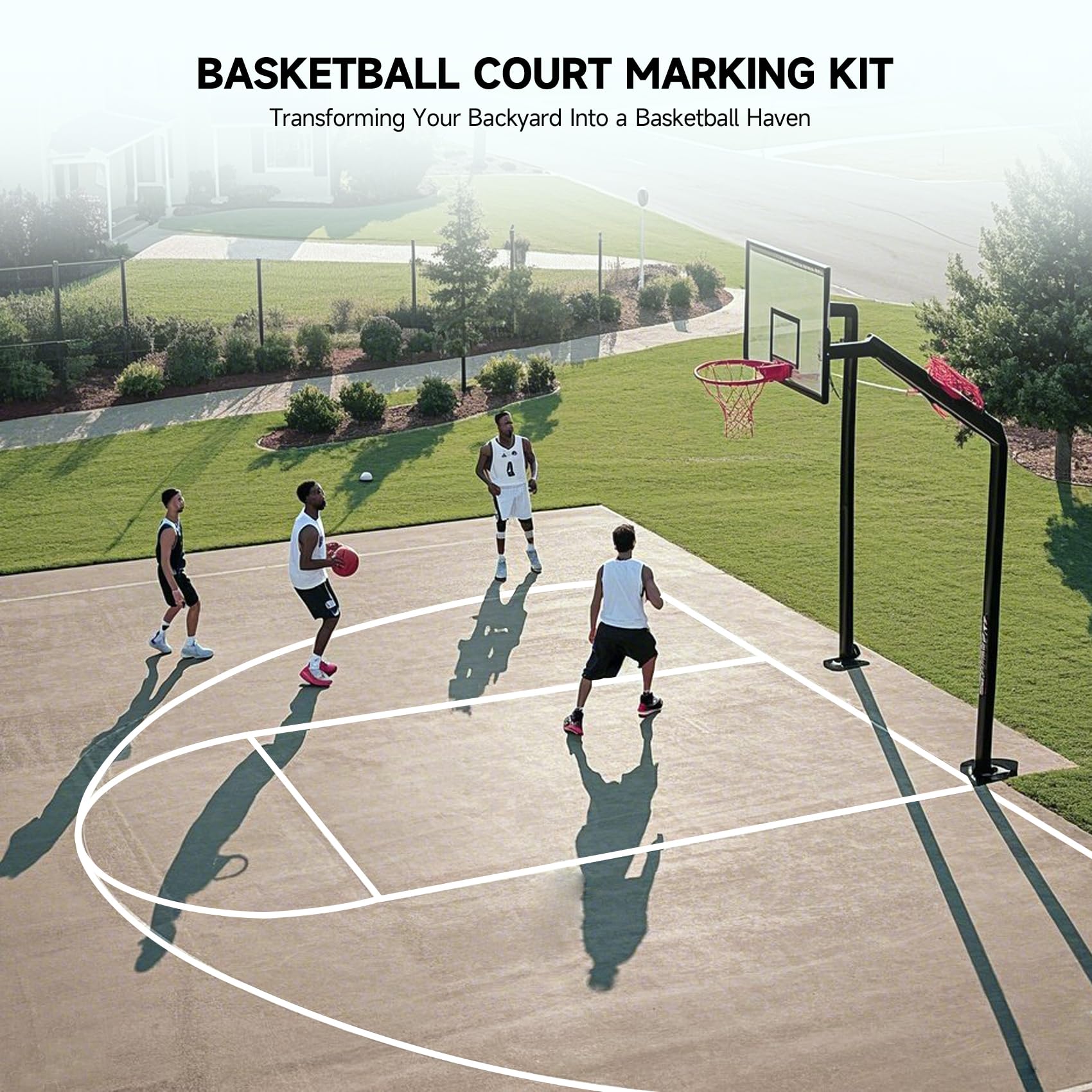 FrameFirm backyard half-court installed demonstrating clear lines and consumer result
